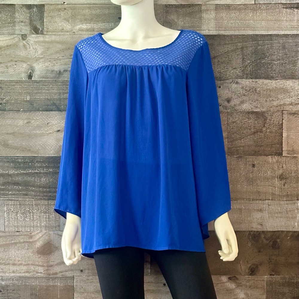 AB Studio Blue Flowy Long Sleeve Button Back Lace Top Tunic XL